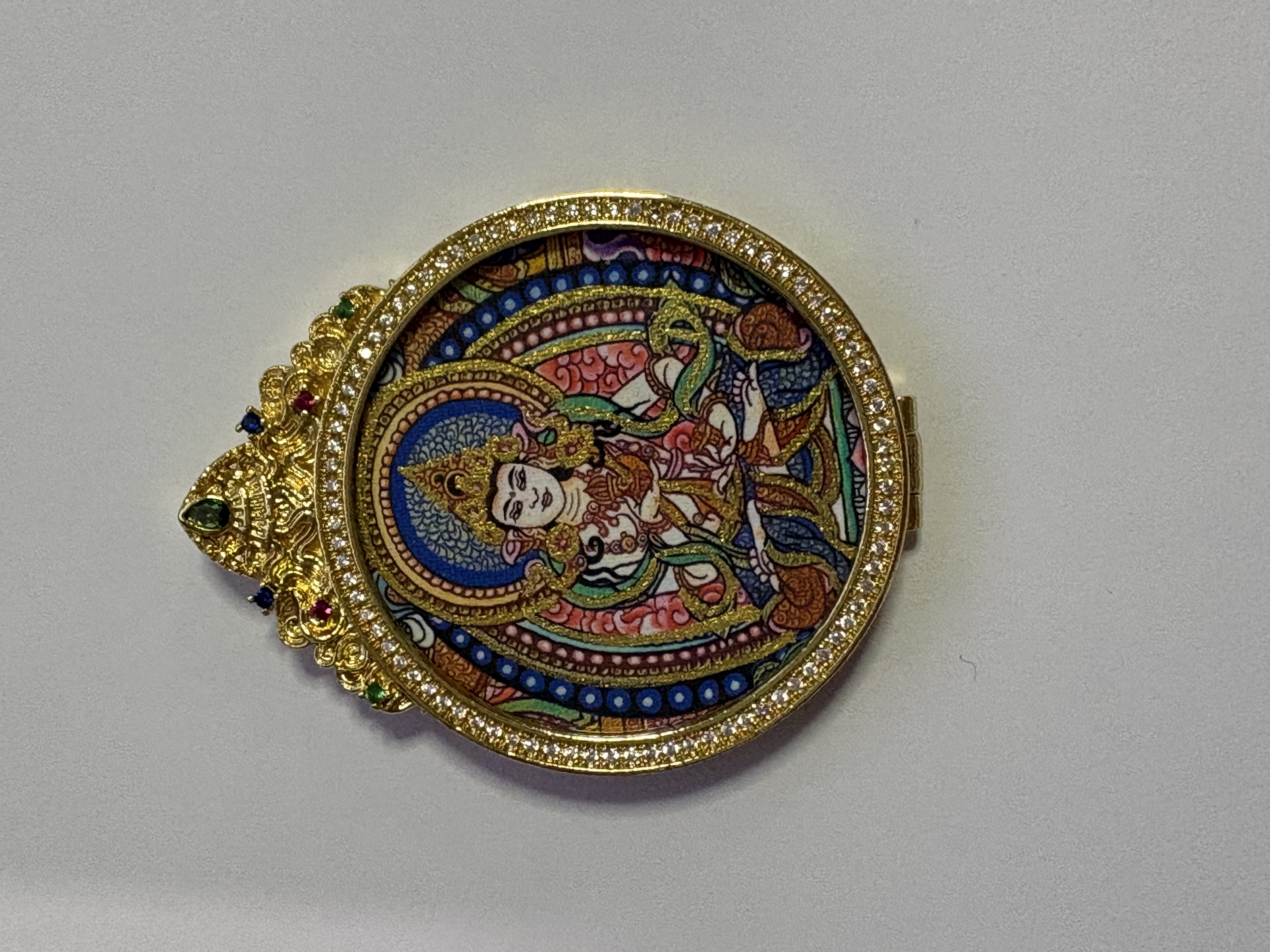 金色鑲鑽雙面圓形唐卡手繪描金八大守護神綠度母隨身吊墜唐卡項鍊